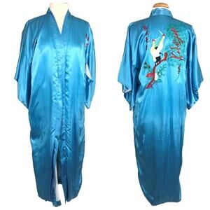 Oriental Satin Kimono Duster Robe Lined Embroidered Bird Motif Blue Size XL
